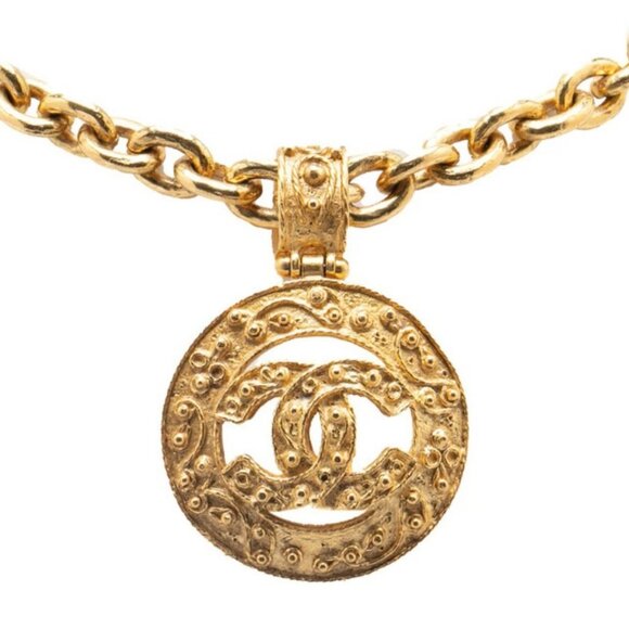 CHANEL CC Logo Round Vintage Necklace 35" Gold Tone Auth w/Box #9179 - Picture 1 of 5